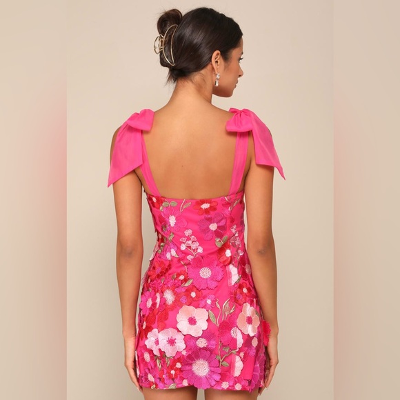 NWT Lulus Emphatically Adorable Hot Pink Floral Tie-Strap Mini Dress, Medium - Picture 3 of 15